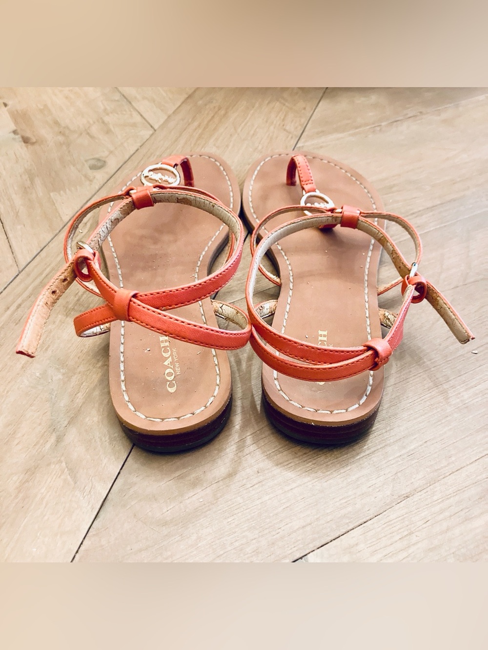 Coach Cicily T-Strap Orange Leather Sandals with Gold Accent - Picture 4 of 7
